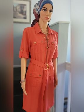 Sharagano Coral Zip-Front Utility Midi Dress, Size 6
